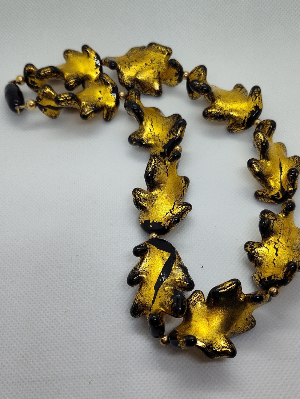 Gold and Black Leaf Artison Glass Bead Necklace 18"